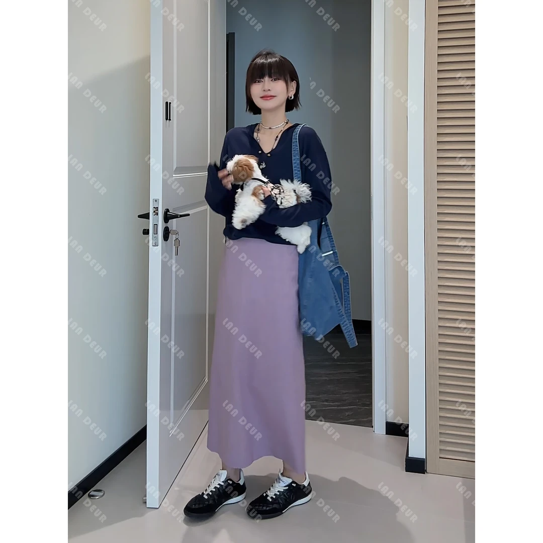 JIUJIU【南法盛夏】苎麻气质时尚休闲百搭夏季法式开叉中长款半身裙