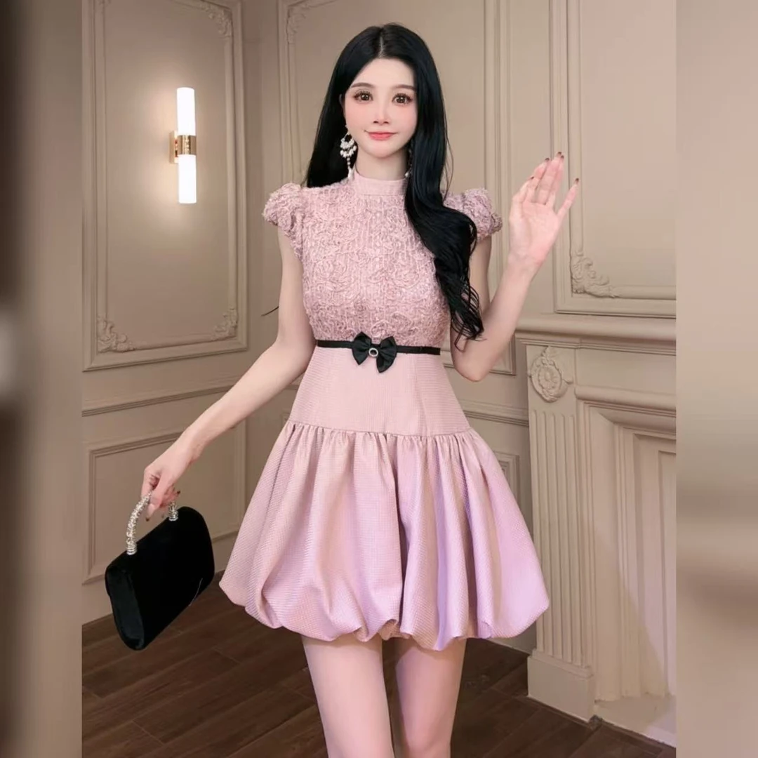 柔娜定制  显瘦气质减龄收腰甜美高腰名媛落落大方连衣裙65310