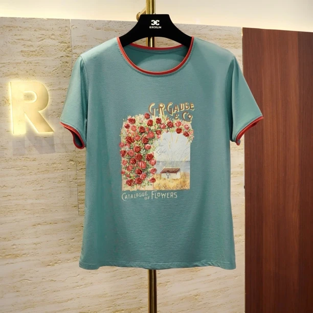 【湖绿玫瑰庄园短袖V领】夏季薄款时髦显瘦减龄烫钻短袖T恤女式上衣