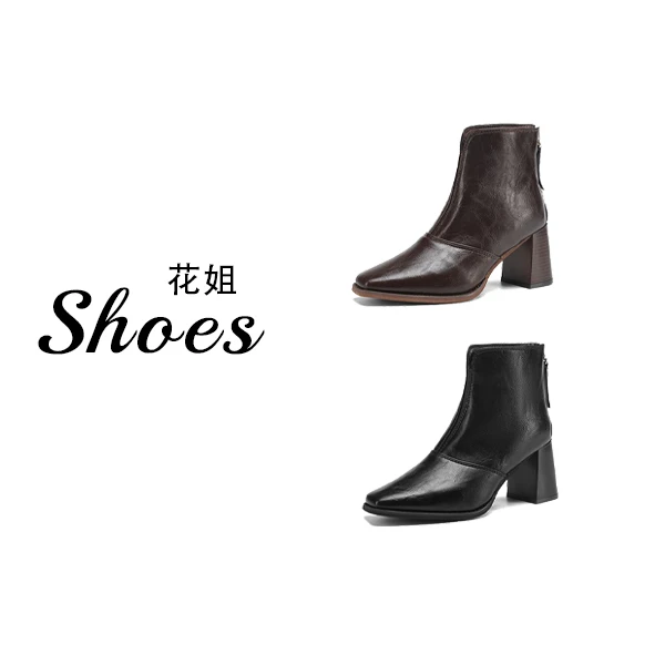 韩版复古小方头粗跟短靴女秋冬新款后拉链时尚高跟鞋
