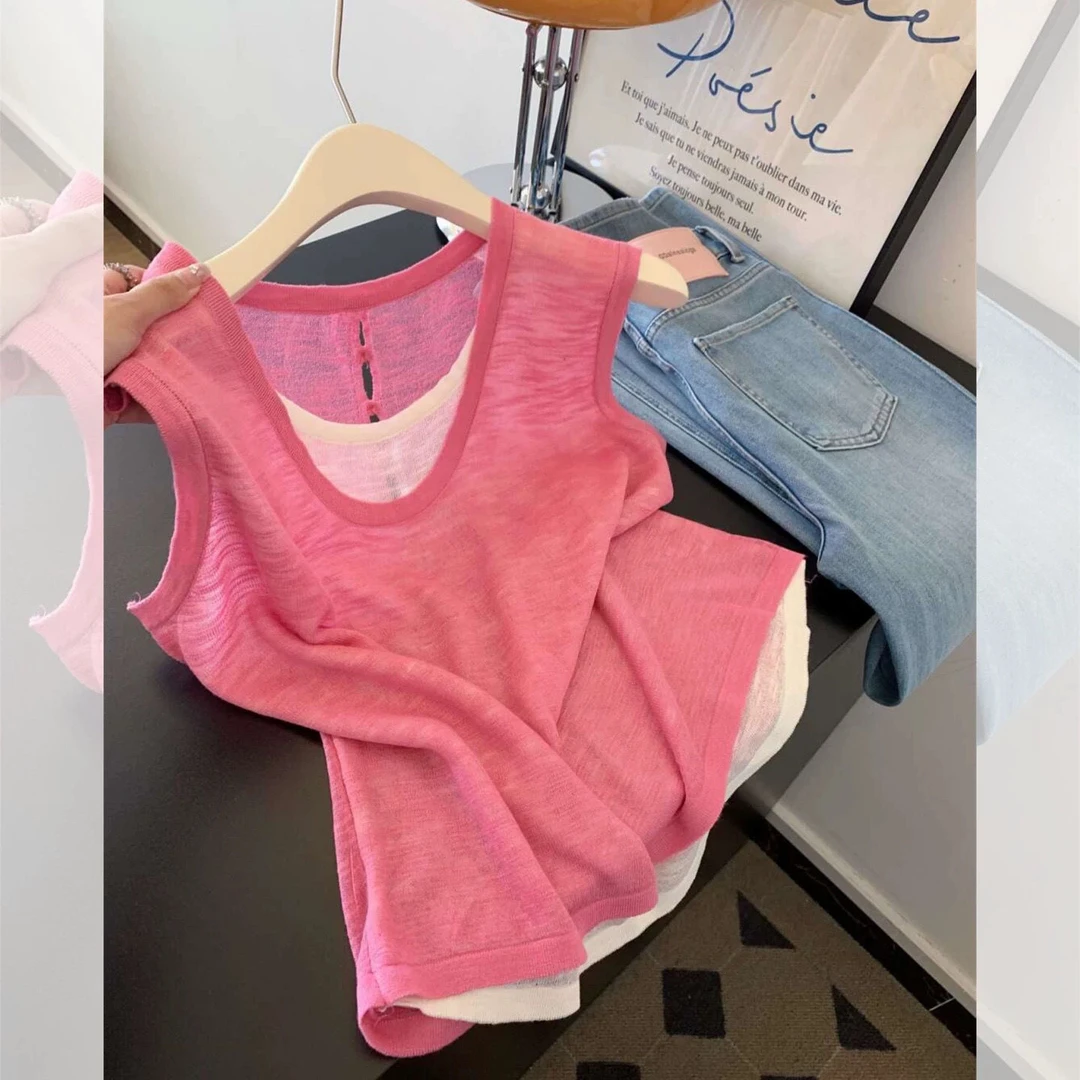 2025新款夏季韩系假两件无袖背心女慵懒风撞色设计感宽松显瘦上衣