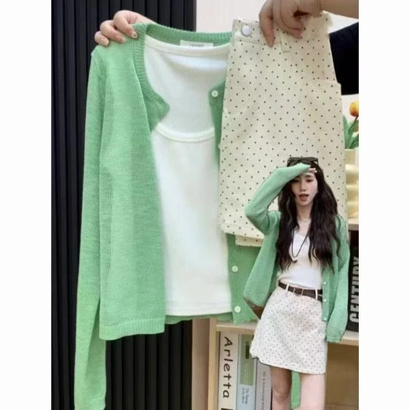 春季套装女2025新款洋气韩系清新风薄荷绿开衫背心波点短裙三件套