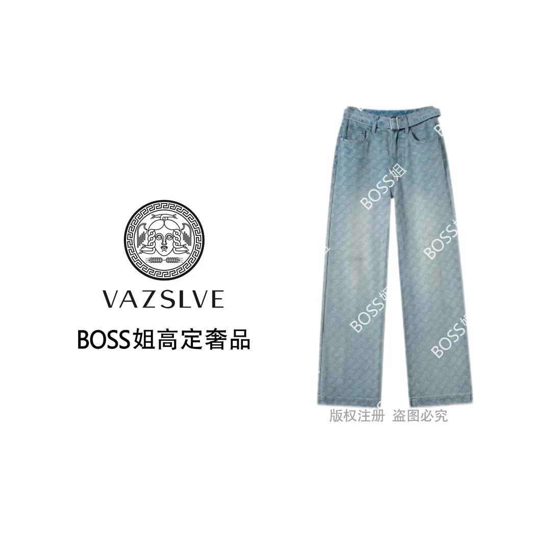 VAZSLVE/原创设计 提花阔腿牛仔裤新款高腰显瘦宽松显瘦印花直筒