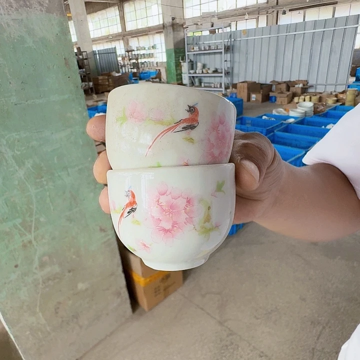 景德镇高温陶瓷水点桃花小杯没把2个