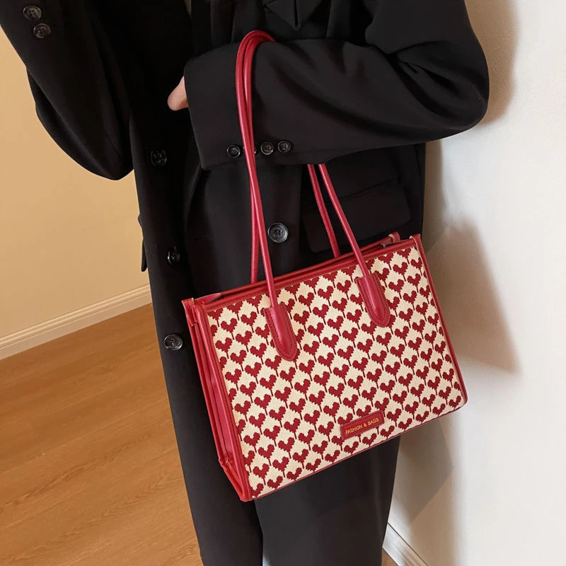 婚包高级感包包女新款大容量托特千鸟格红色新娘包结婚包红包
