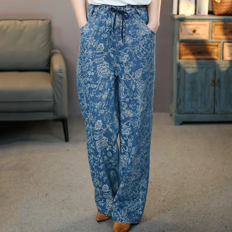 6831蓝色直筒牛仔裤花纹宽松2025春季松紧腰时尚休闲百搭