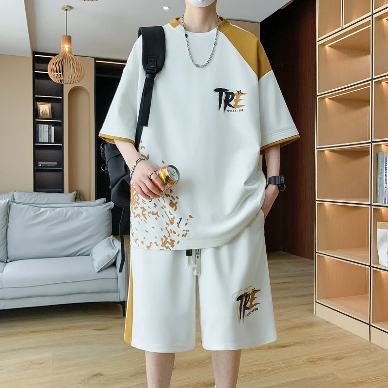 夏季新款青少年潮流休闲运动套装男生薄款T恤短袖短裤宽松两件套