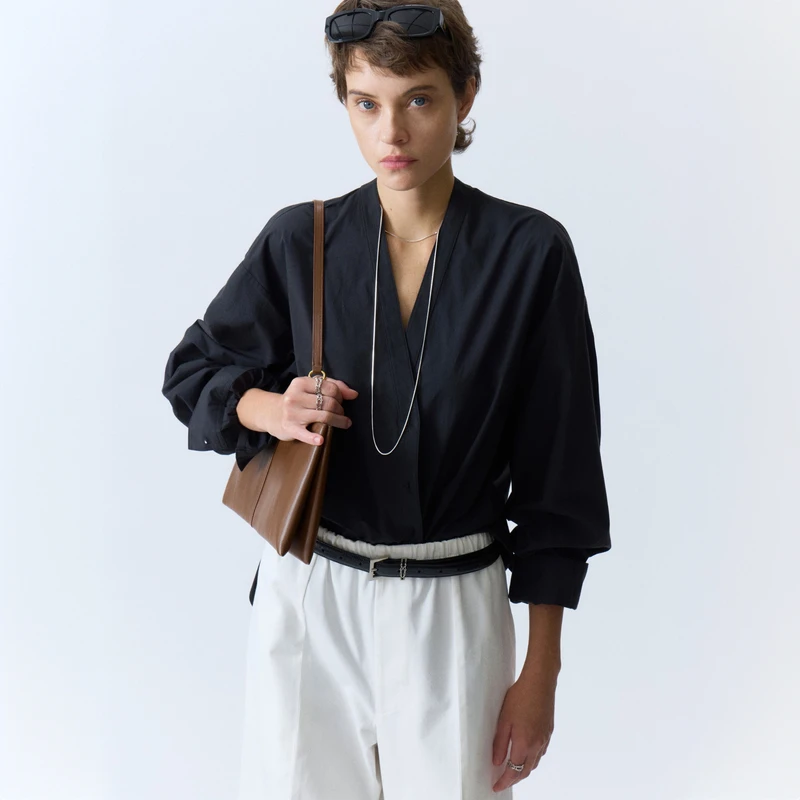 UNICA/法式慵懒2穿_轻廓形定纺水洗皱感棉无领精致衬衫