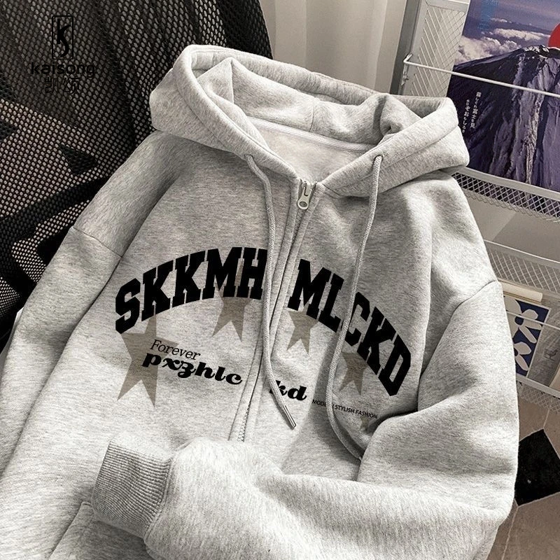 凯颂大码300斤美式潮牌街头拉链卫衣男女秋冬加绒加厚开衫外套