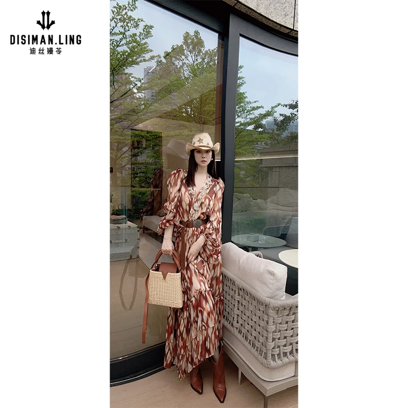 【迪丝嫚苓】花色连衣裙春夏重工钉珠印花V领长袖复古轻奢气质长裙