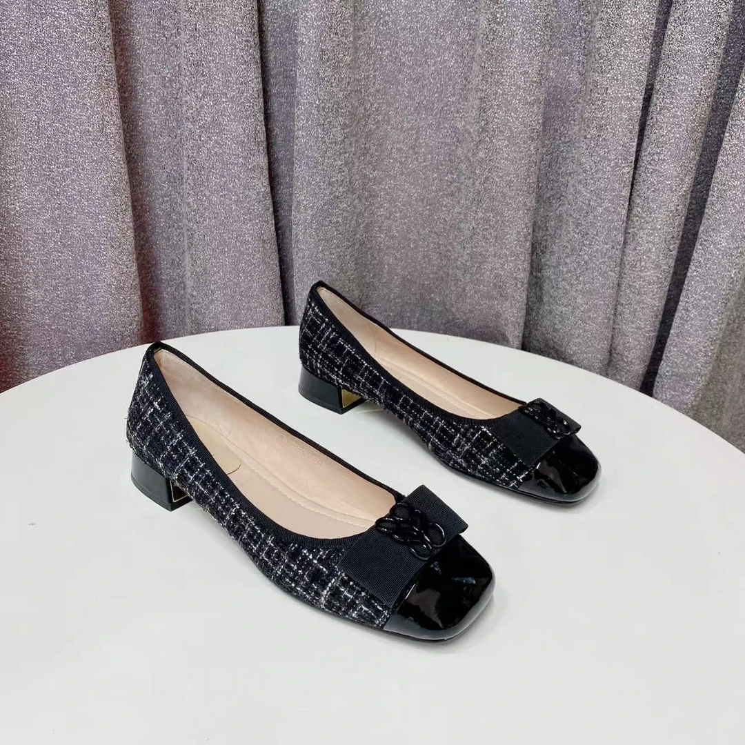 C3326 黑色 高端时尚方头气质粗跟浅口女单鞋