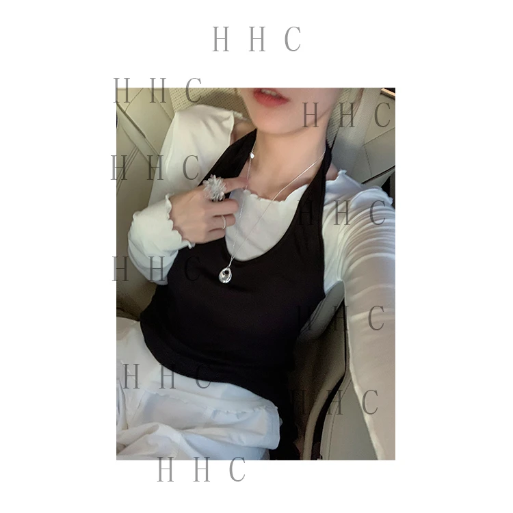 【花花菜】高密天丝羊毛木耳边领T恤+精致超减龄飘带挂脖两件套女