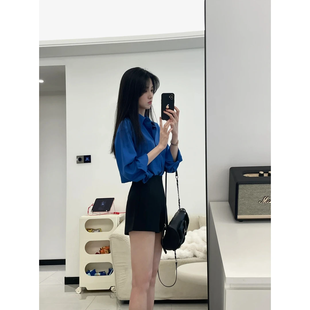 2025早春新款优雅女神克莱因蓝衬衫小清新范时尚显瘦裤子两件套装