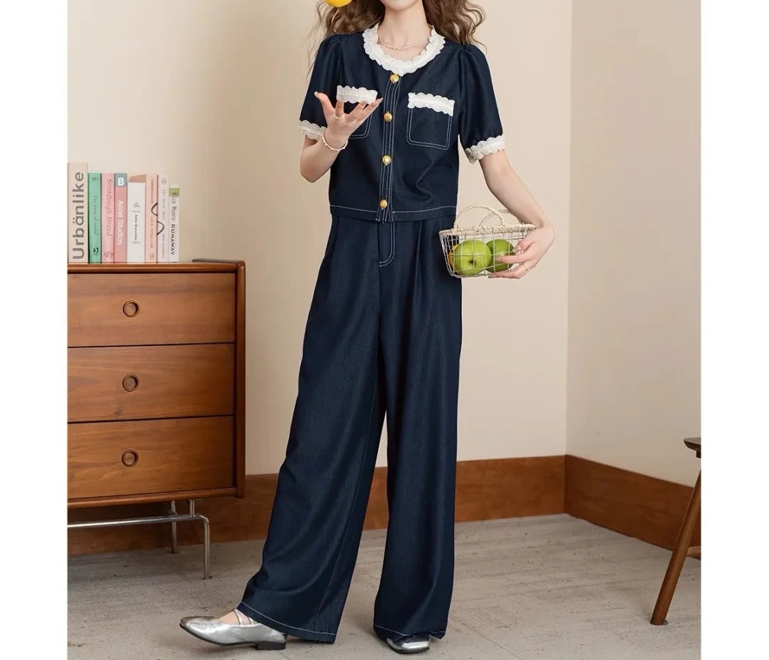 X5038 (现货）韩系宽松时尚花边拼接上衣阔腿裤套装女夏季新款