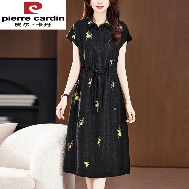 皮尔卡丹夏季短袖真丝龟纹香云纱连衣裙女小个子高端气质100%桑蚕