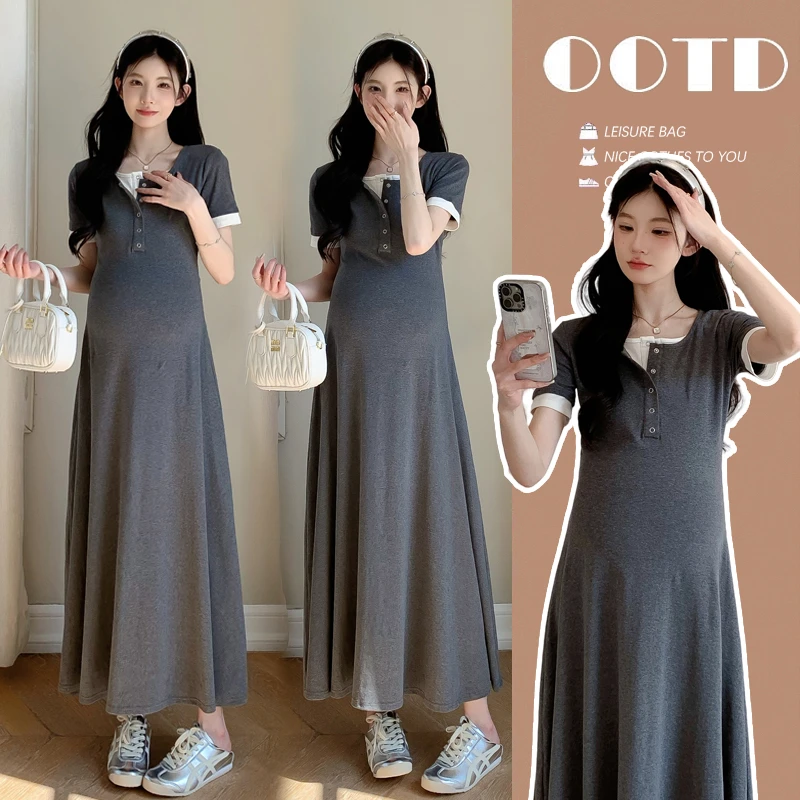 MOMO月月~新款孕妇夏装长款针织孕妇连衣裙显瘦辣妈假两件孕妇裙