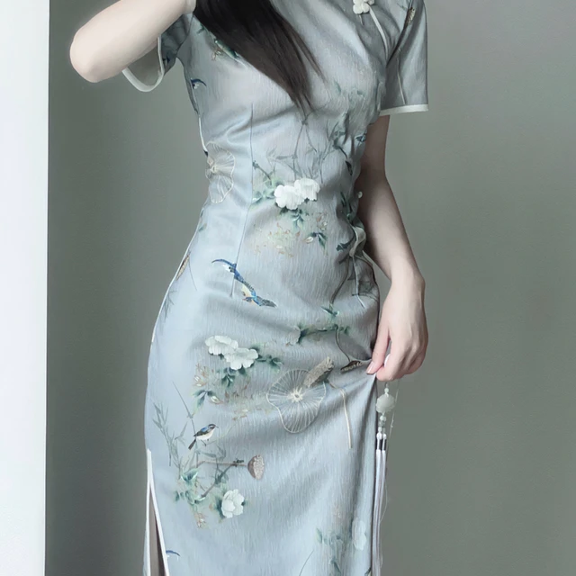 针织提花旗袍民国风复古素雅印花国朝风气质优雅短袖改良年轻款