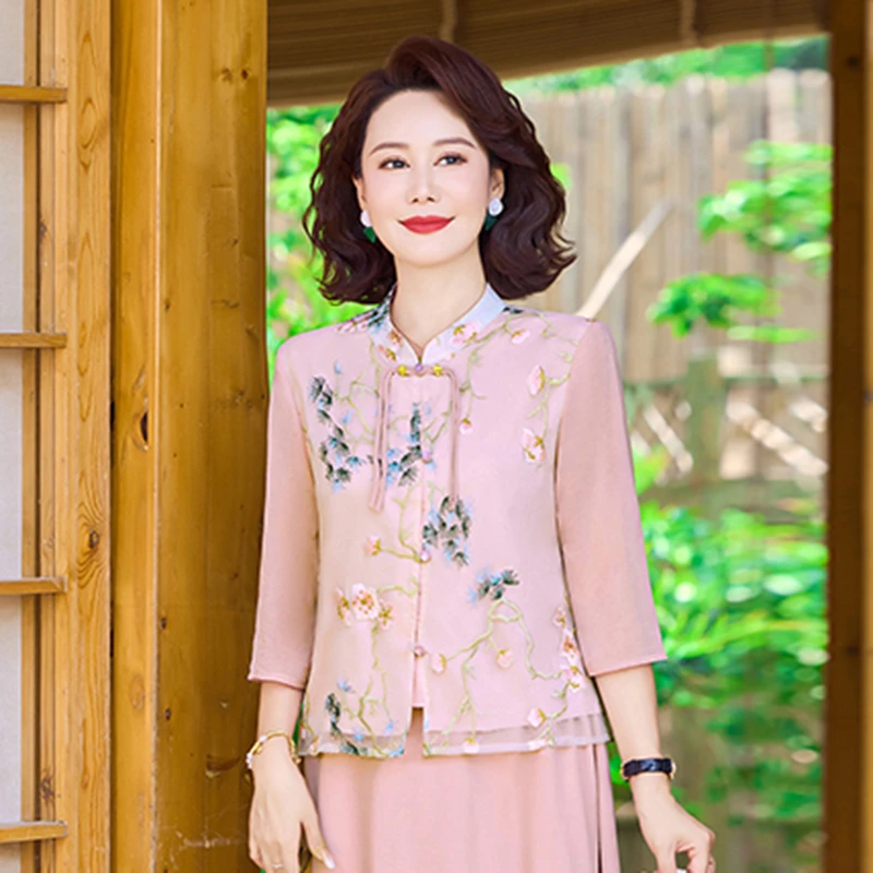 皮尔卡丹中年妈妈新中式国风中袖套装2025年秋季新款洋派两件式女