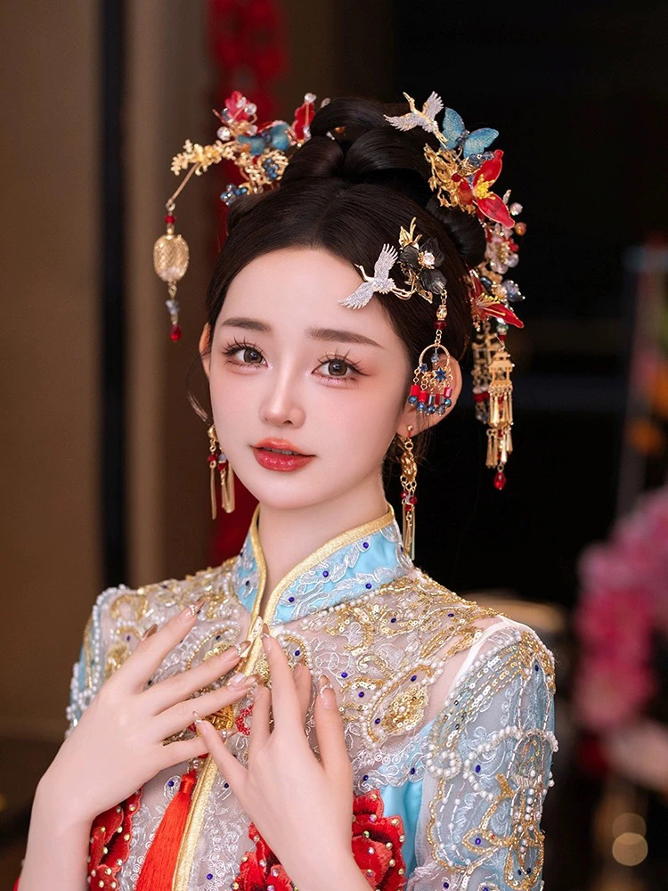 8610 婚嫁饰品 新娘头饰结婚婚礼古风红蓝色复古大气简单气质