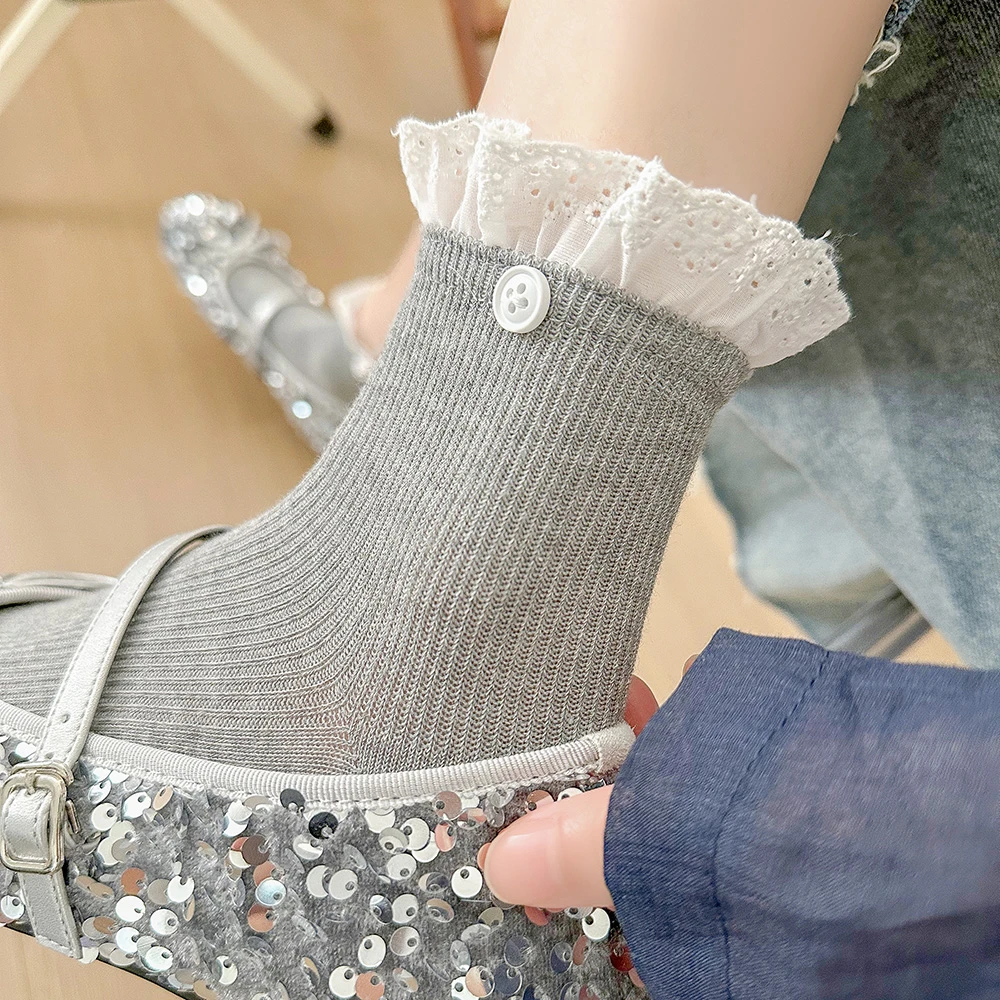 夏季薄款镂空中筒袜女百搭花边jk风潮袜纽扣网红薄款女士棉袜