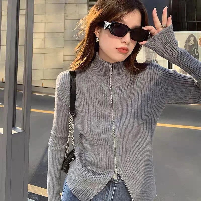 【江油火狐狸】C94940法式双拉链翻领针织开衫女修身短款半高领毛衣