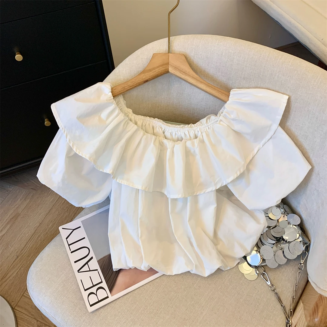 2025新款小个子泡泡袖荷叶领衬衫女夏装韩系气质短款小衫衬衣潮