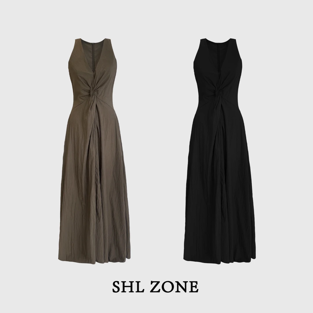 舒胡蕾 扭结及地裙 天丝锦胸前扭结长款连衣裙女士气质夏季显瘦