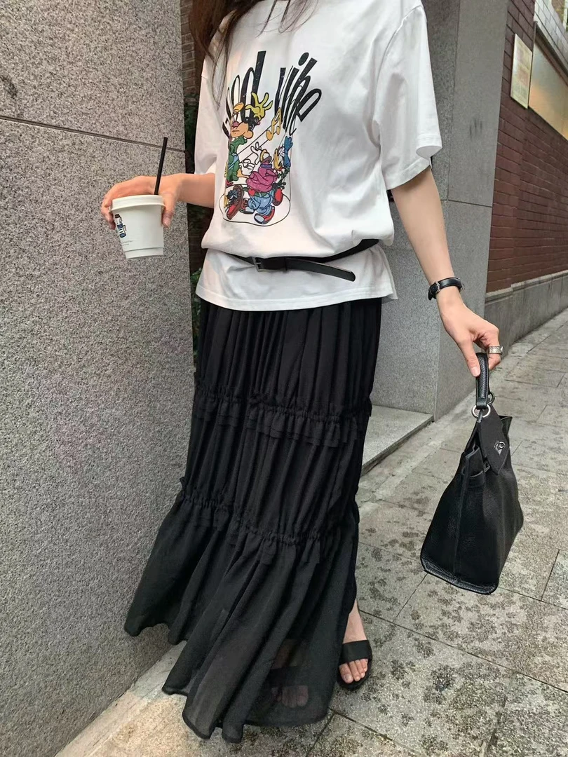 6911 韩系百搭木耳边飘逸半身裙  w