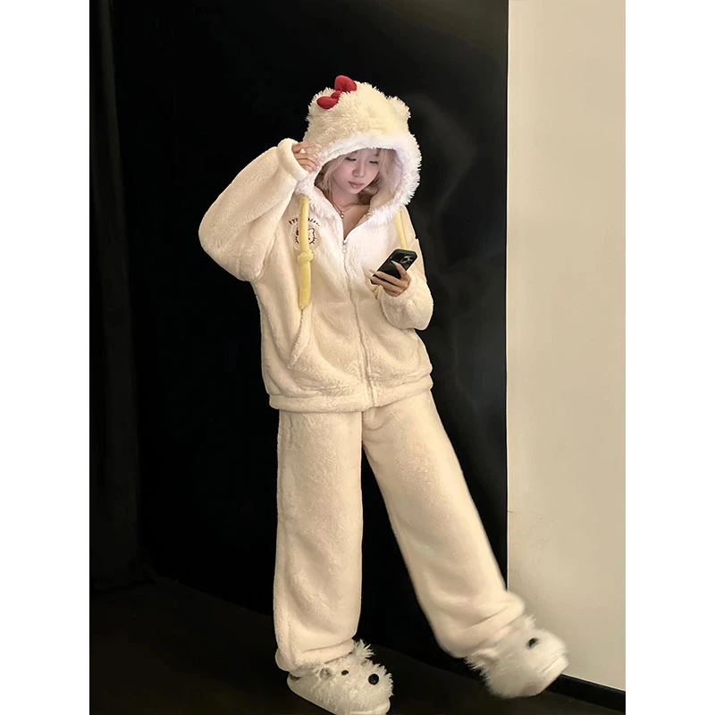可爱Kitty连帽珊瑚绒睡衣女冬季保暖加绒加厚长袖长裤家居服套装