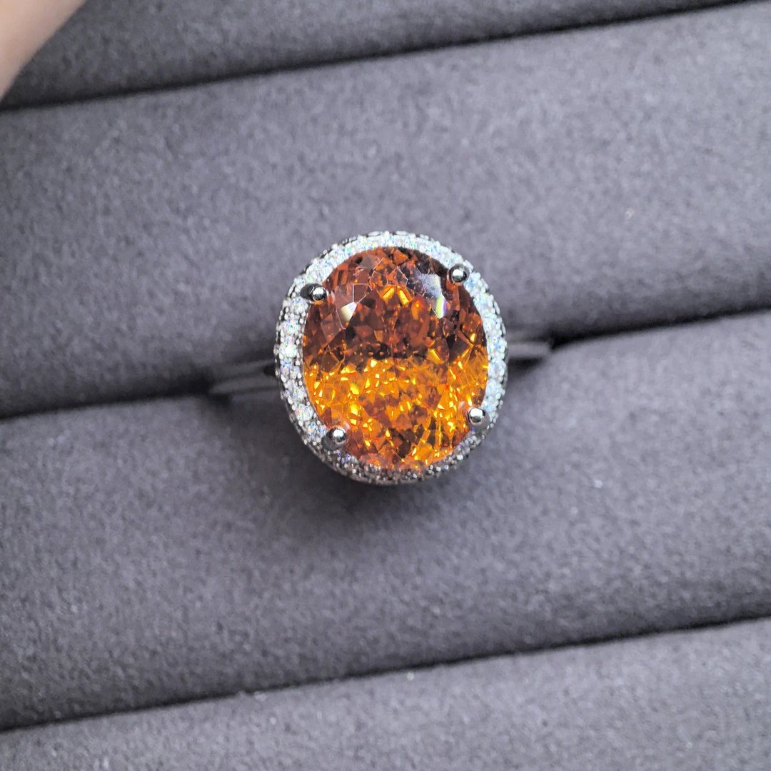 925银戒指 浓郁落日色戴妃款戒指周圈密镶白钻如星河环绕尽显优雅