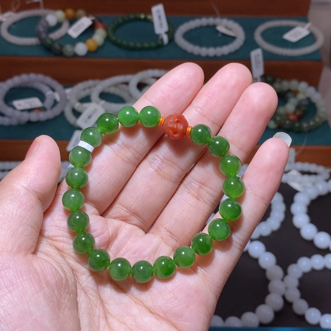 和田玉未镶嵌手链卡8圆珠碧玉