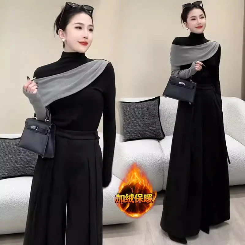 时尚高级感套装女2025冬季新款设计感半高领打底上衣显瘦两件套潮