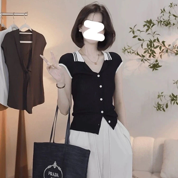 法式复古小香风拼色冰丝针织短袖女夏季新款领上衣设计感小众