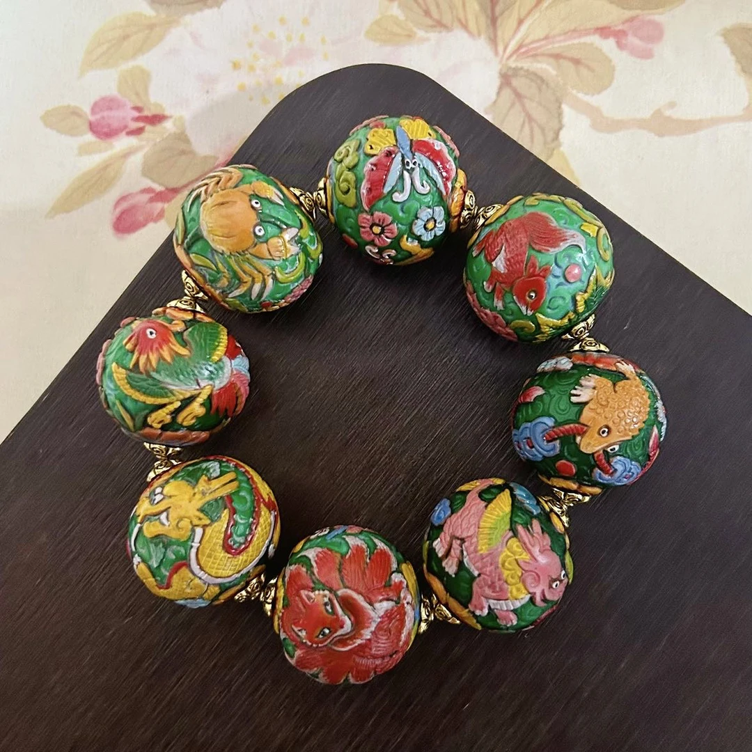 新中式老琉璃深绿色雕刻珠手串25mm (5092902)