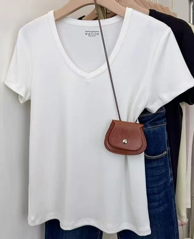 短袖V领纯色夏季韩风女式U领T恤宽松打底简约