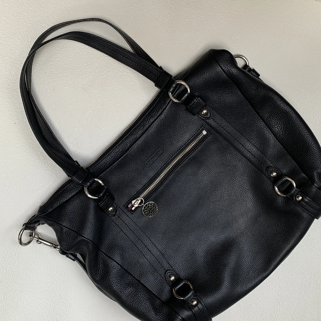 95新 COACH/蔻驰 经典百搭简约时尚牛皮荔枝纹开口笑单肩托特包