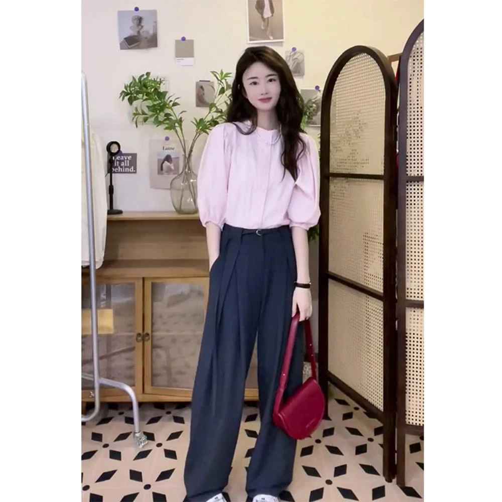 今年流行漂亮休闲干练气质轻奢高级感粉色衬衫阔腿裤两件套装女装