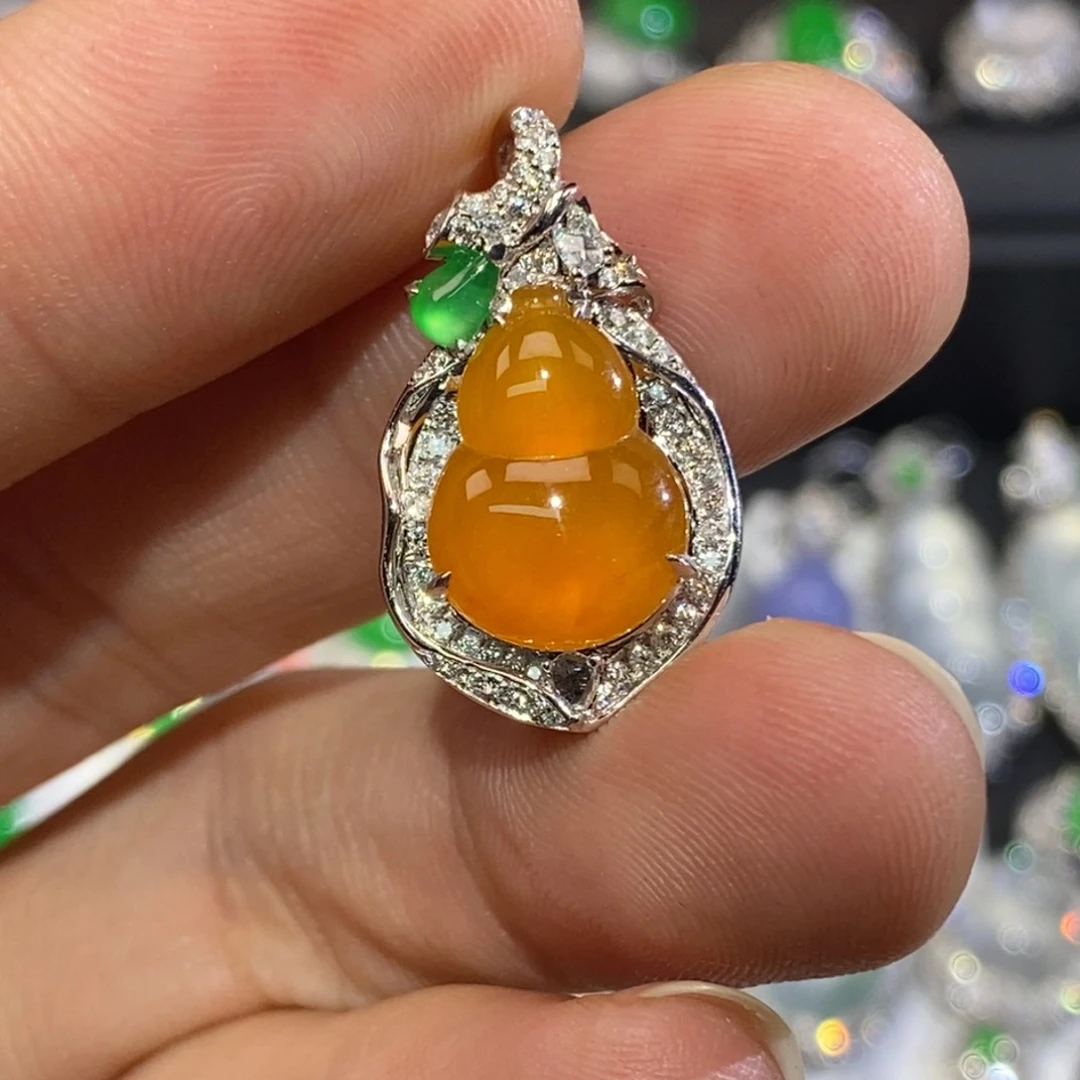 吊坠(不含链)18K金镶嵌翡翠冰黄葫芦