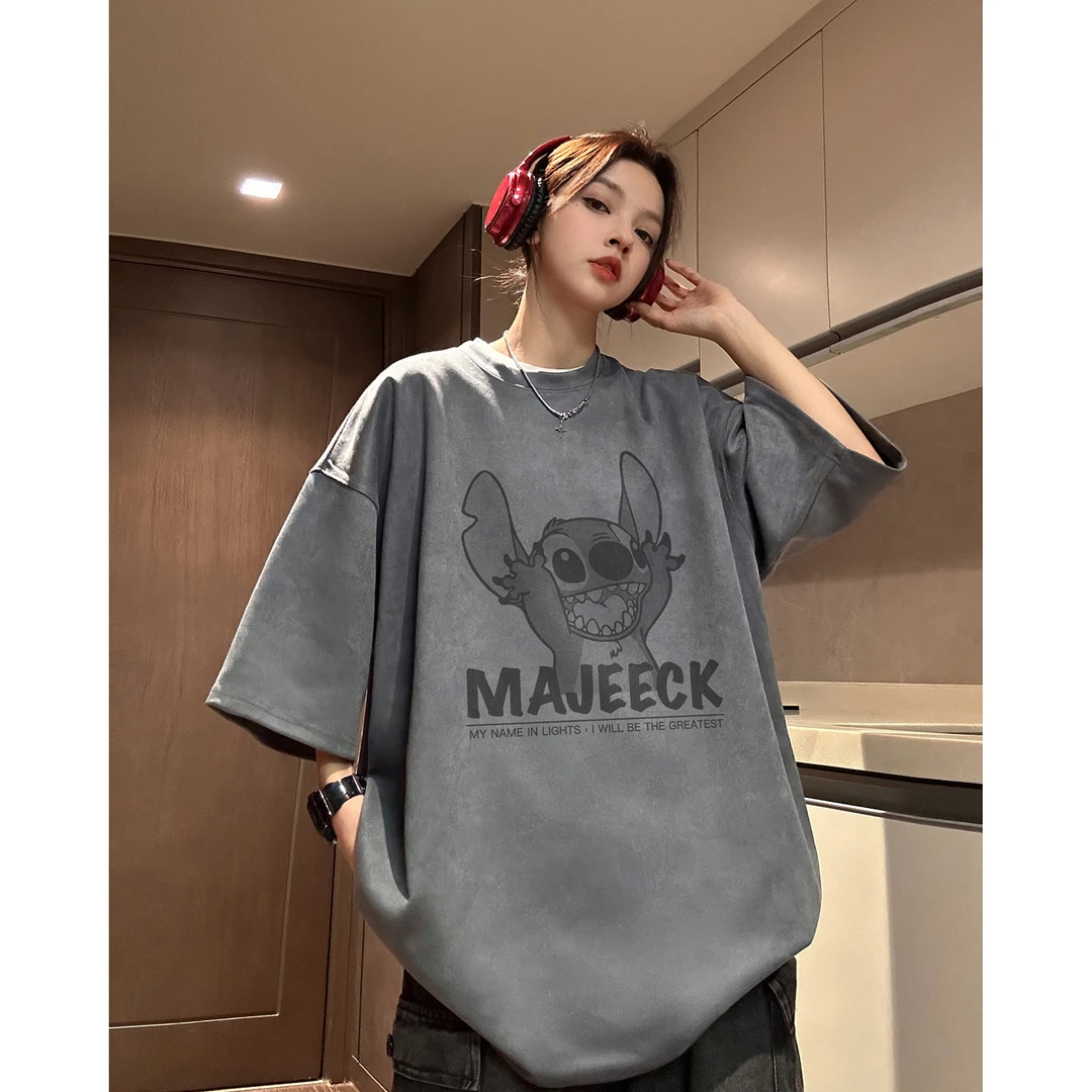 顶瓜瓜300斤特大码美式卡通潮流复古仿麂皮绒短袖男女夏季宽松t恤