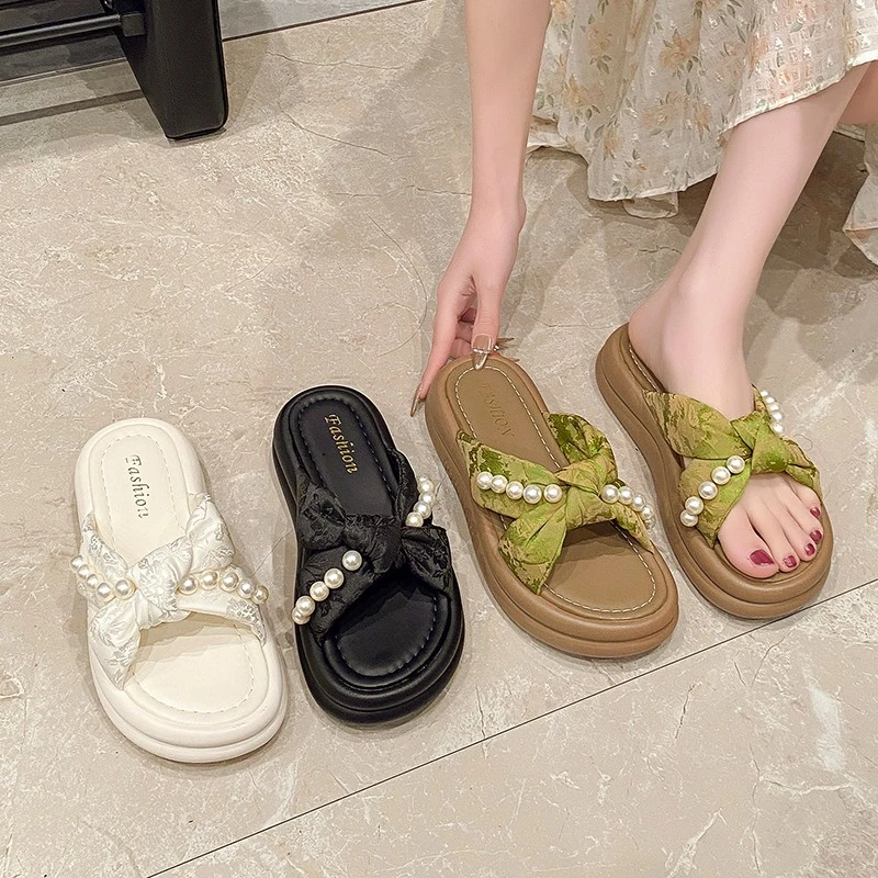 国风夏季一字拖珍珠平底夏季增高珍珠拖鞋厚底凉拖鞋仙女风网红拖