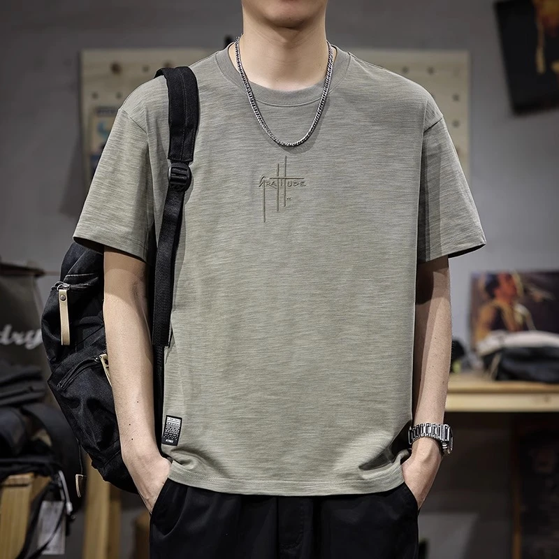 U&PURA新款休闲宽松短袖T恤男夏季纯棉美式潮流印花五分袖体恤