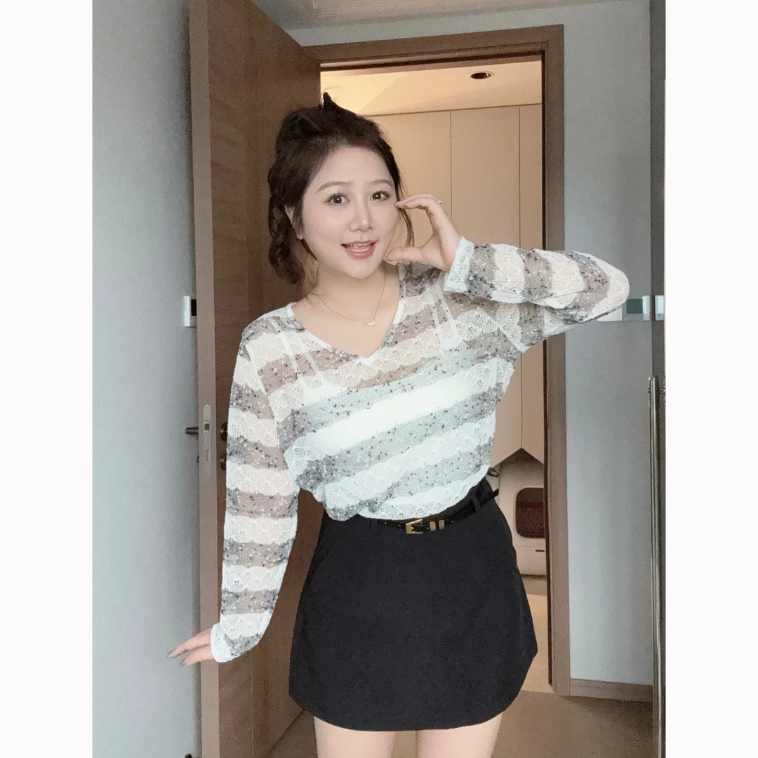 大萌萌 早春时尚宽松条纹罩衫+百搭高腰半身裙微胖显瘦P225Z00291