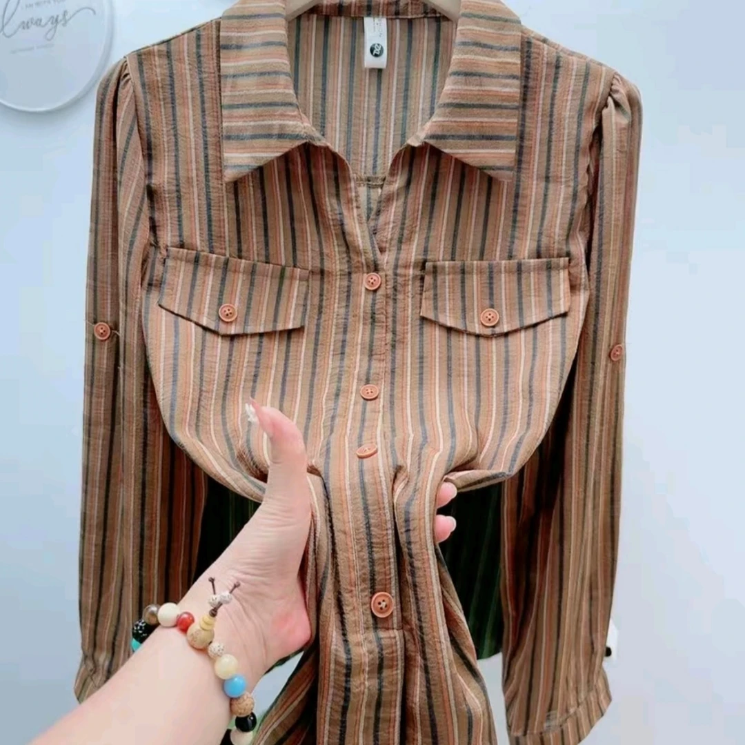 套头款秋季新款宽松条纹两用袖衬衫女显瘦百搭气质休闲小衫