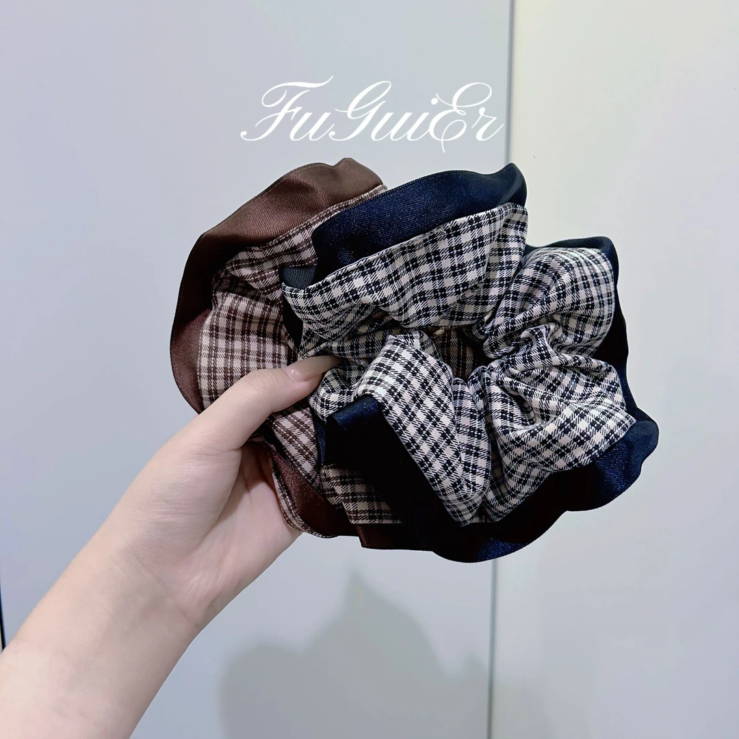 拼色格纹绸缎质感大肠发圈少女时尚百搭气质扎发扎高马尾专用皮筋