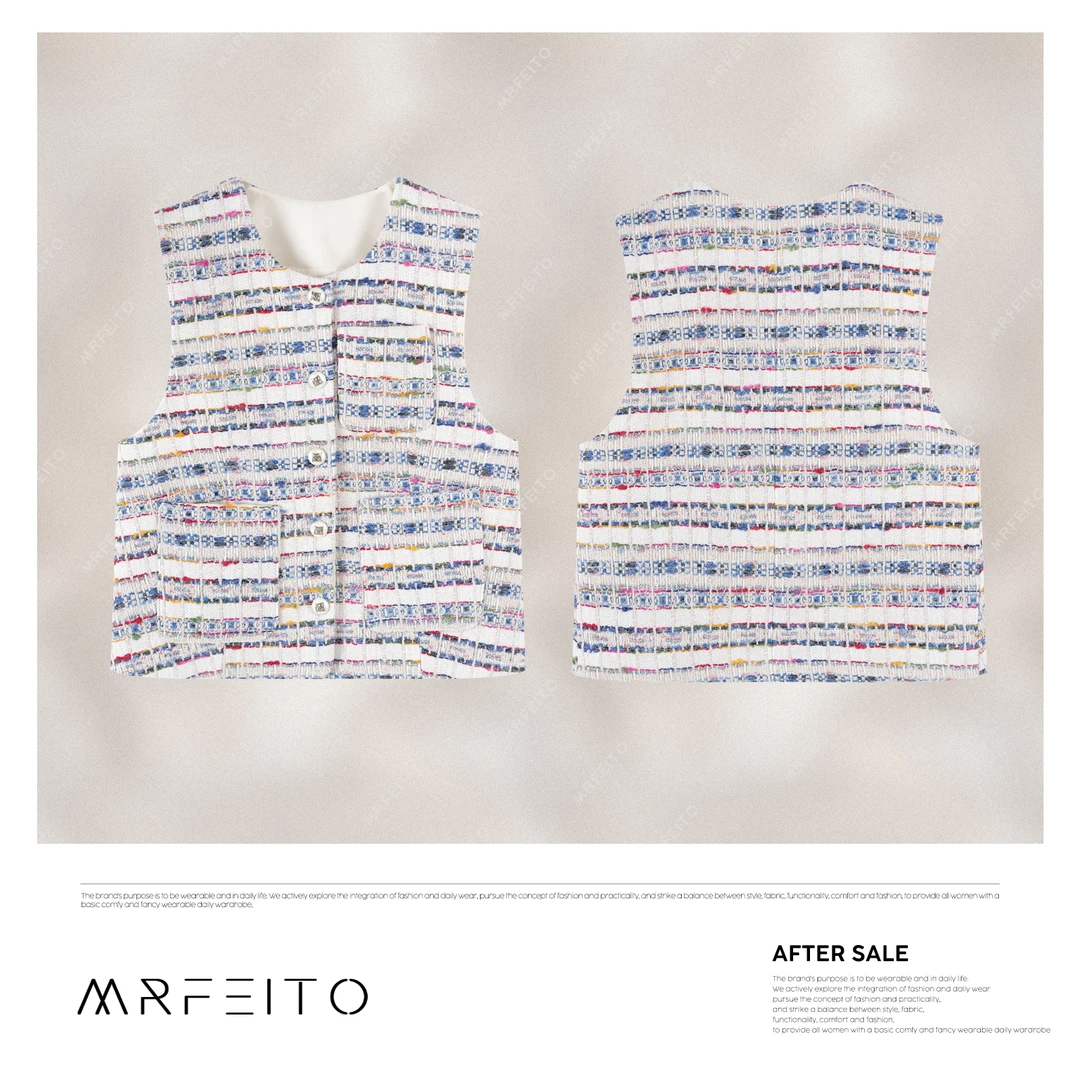 【华伦香风】多色粗花圆领多口袋精致不落俗女士马甲H8MA01D31125