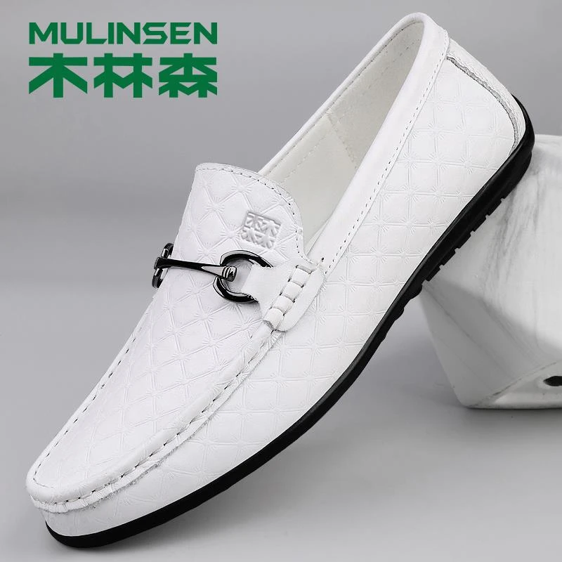木林森男士豆豆鞋软底软皮压花休闲皮鞋正品透气头层牛皮商务男鞋