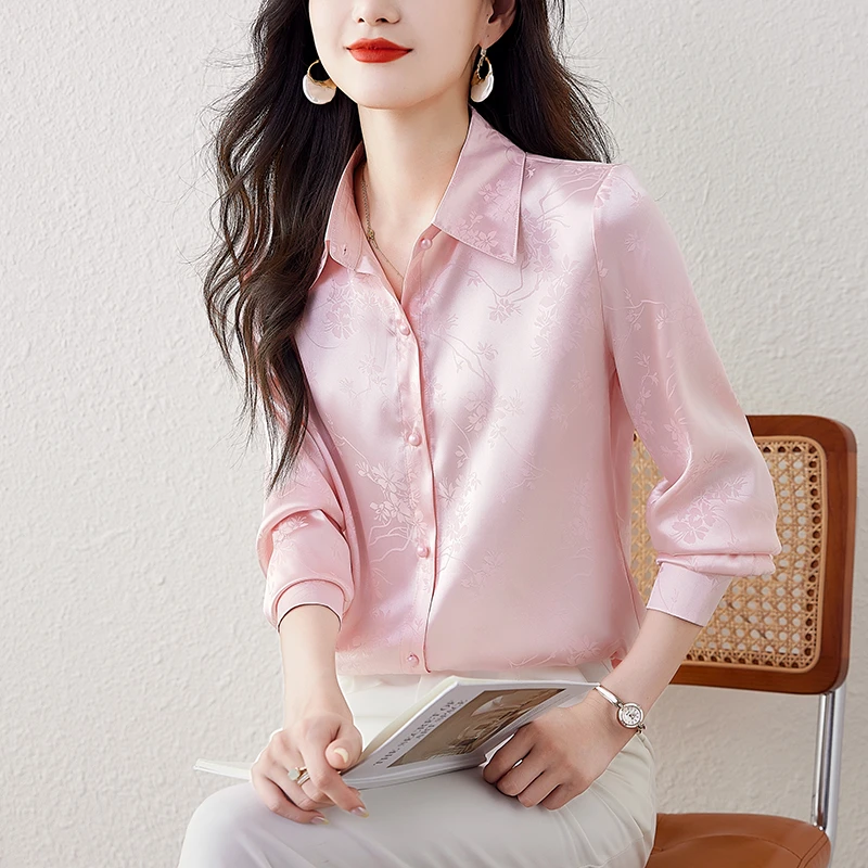 高级感缎面长袖衬衫女春秋新款宽松气质百搭时尚洋气印花上衣