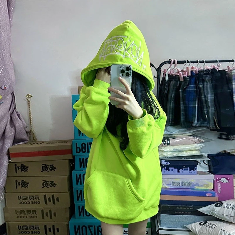 港味复古chic加绒加厚连帽卫衣女秋冬季小众字母刺绣宽松外套上衣