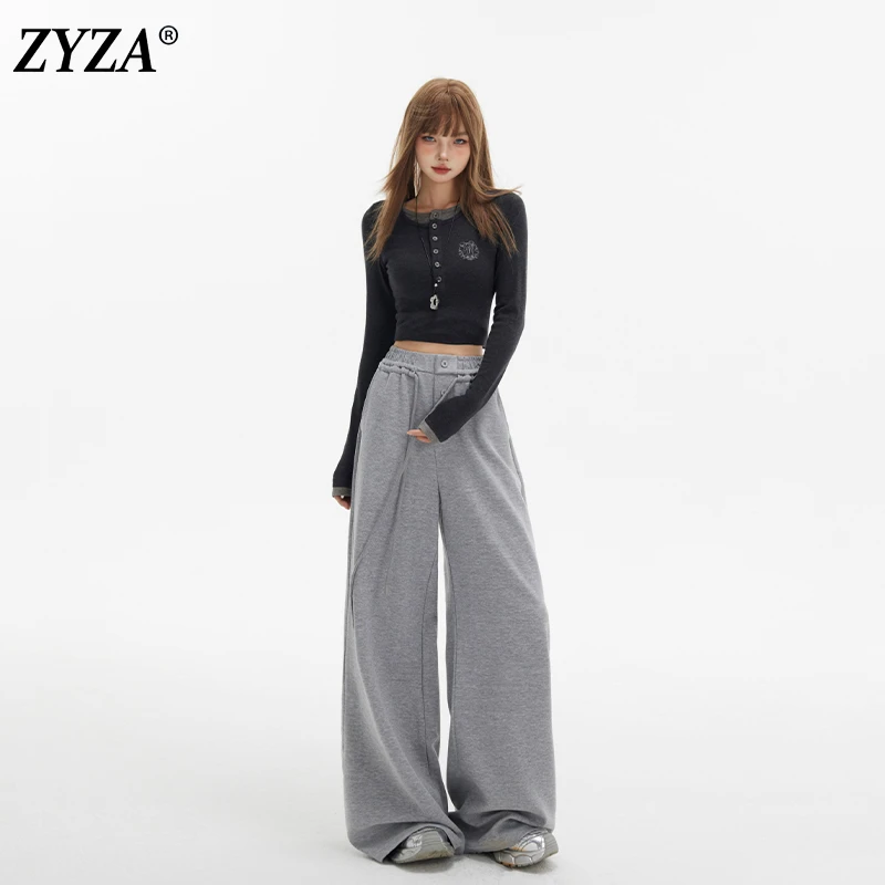 ZYZA灰色复古阔腿裤女秋冬2025新款慵懒宽松直筒拖地高端休闲卫裤