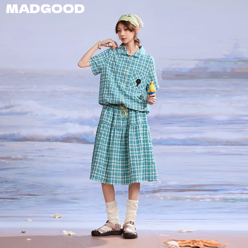 madgood马得工地日系夏季抽绳泡泡纱格子复古衬衫MDGDTZ252234